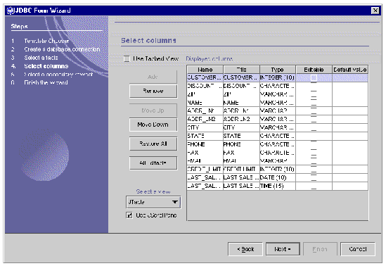 Screen shot showing fourth panel of JDBC Form Wizard. Heading in panel reads, "Select columns." Buttons are Back, Next, and Cancel.