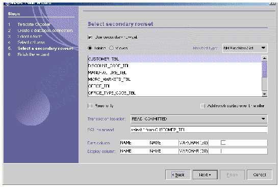 Screen shot showing fifth panel of JDBC Form Wizard. Heading in panel reads, "Select secondary rowset." Buttons are Back, Next, and Cancel.