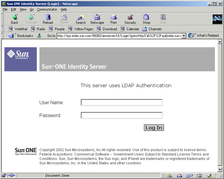 Sun ONE Identity Server Login Page
