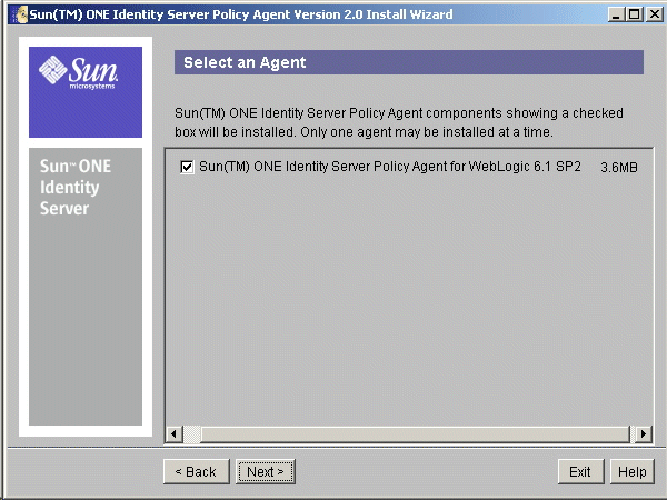 Sun ONE Identity Server Policy Agent Component Selection screen
