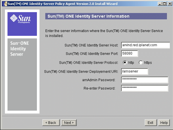Sun ONE Identity Server information is entered.
