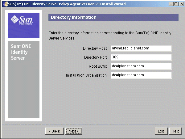 The Directory Server associated with  Sun ONE Identity Server services information is entered.
