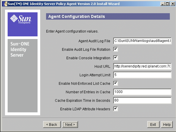 Agent Configuration Details screen displays the informatuon required for the agent to function correctly.
