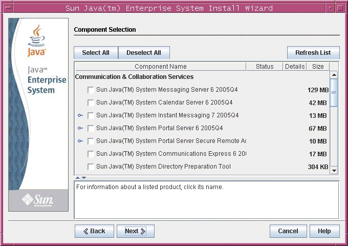 Example screen capture of the installer's Component Selection
page.