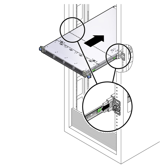 Image showing how to reinstall the system into the rack by pressing the intermediary release tabs.