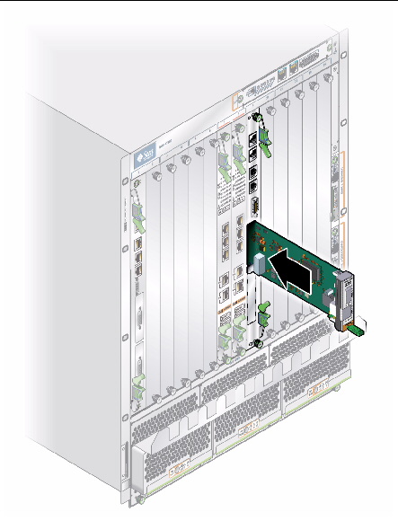 This figure shows how to insert the AMC into a blade server.
