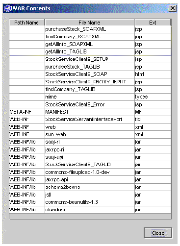 Screenshot of WAR contents display, listing the MANIFEST, WEB-INF classes and jar files, html and jsp files.