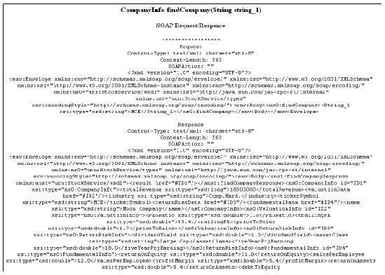 Browser display, showing company information request/response messages in XML format, with SOAP envelopes.