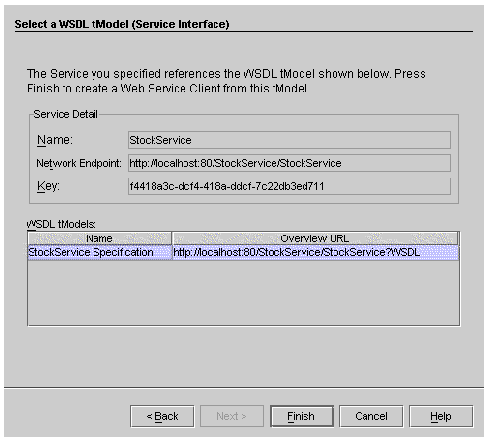 Screenshot showing selected service displayed with detail information and associated WSDL tModels. Buttons are Back, Next, Finish, Cancel.