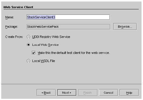 Screenshot of new web service client wizard, opened from package node or main menu. Buttons are Browse, Back, Next, Finish, Cancel.