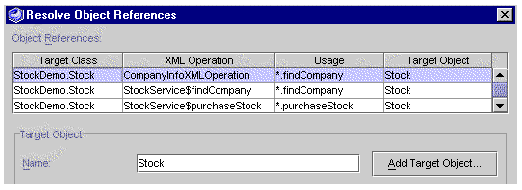 Screenshot of Resolve Object References dialog box, top portion, showing XML Operation column.