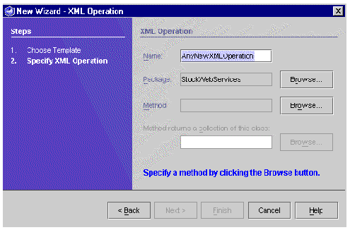 Screenshot of dialog used to specify Name, Package, and Method for a new XML operation. Buttons are Browse, Back, Next, Finish, Cancel, and Help.