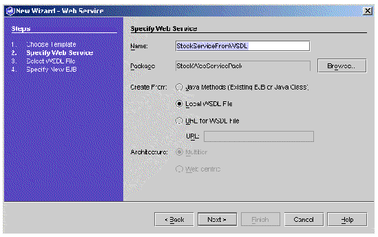 Screenshot showing new web service wizard. Buttons are Browse, Back, Next, Finish, Cancel, and Help.