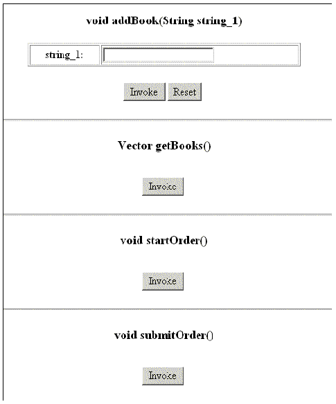 Screenshot showing part of the welcome screen of a stateful web service test client, with Invoke buttons for conversation initiator and terminator methods.