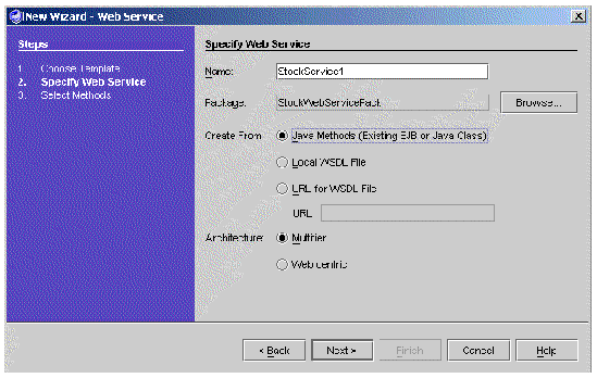 Screenshot showing new web service wizard. Buttons are Browse, Back, Next, Finish, Cancel, and Help.