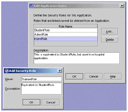 Screenshot of the Edit Application Roles dialog box, showing role names and description, with Add, Delete, OK, Cancel, and Help buttons.