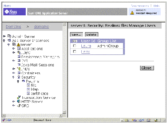 Screenshot of the application server administrative tool in a web browser, showing the Manage Users feature.