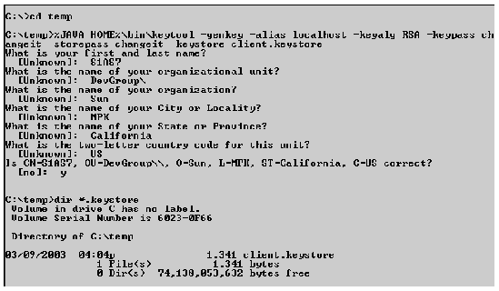Screenshot of command window, showing keytool command to create a client trust store.