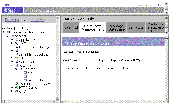 Screenshot of the application server administrative tool in a web browser, showing the Manage Certificates feature.