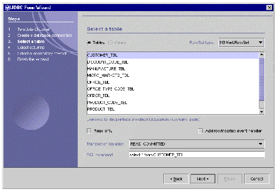 Screen shot showing third panel of JDBC Form Wizard. Heading in panel reads, "Select a table." Buttons are Back, Next, and Cancel.