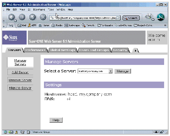 Sun ONE Web Server Administration Server showing Servers tab.