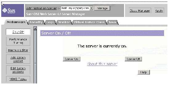 Sun ONE Web Server Manager showing server instance status.