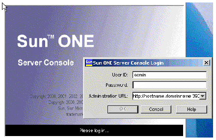 Sun ONE Server Console login prompt with no value for Password. Buttons are OK, Cancel and Help.