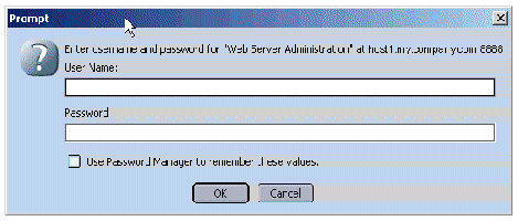 Sun ONE Web Server Admin Login prompt with no values for User Name and Password.