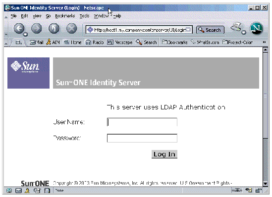 Sun ONE Identity Server Console login prompt with no values for User Name and Password. Button is Log In.