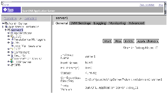 Sun ONE Application Server Console showing server1 status.