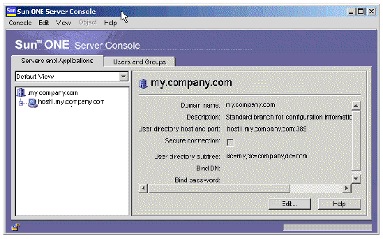 Sun ONE Server Console showing installed server tab.Buttons are Edit and Help.