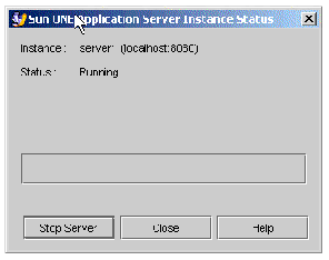 Sun ONE Application Server Instance Status window. Buttons are Start Server, Close, and Help.