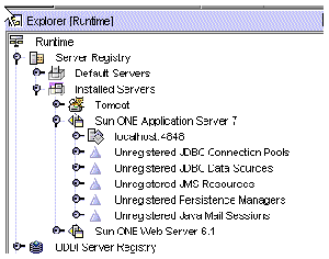 Runtime tab of Explorer showing localhost:4848 (new admin server instance) under Sun ONE Application Server 7 node.
