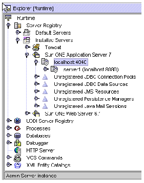 Runtime tab of Explorer showing expanded localhost:4848 (default admin server instance) under Sun ONE Application Server 7 node. Server1(localhost:8080) is the application server instance.