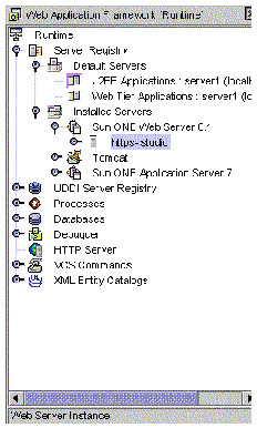 Runtime tab of Explorer showing expanded https-jstudio instance under Sun ONE Web Server 6.1 node.