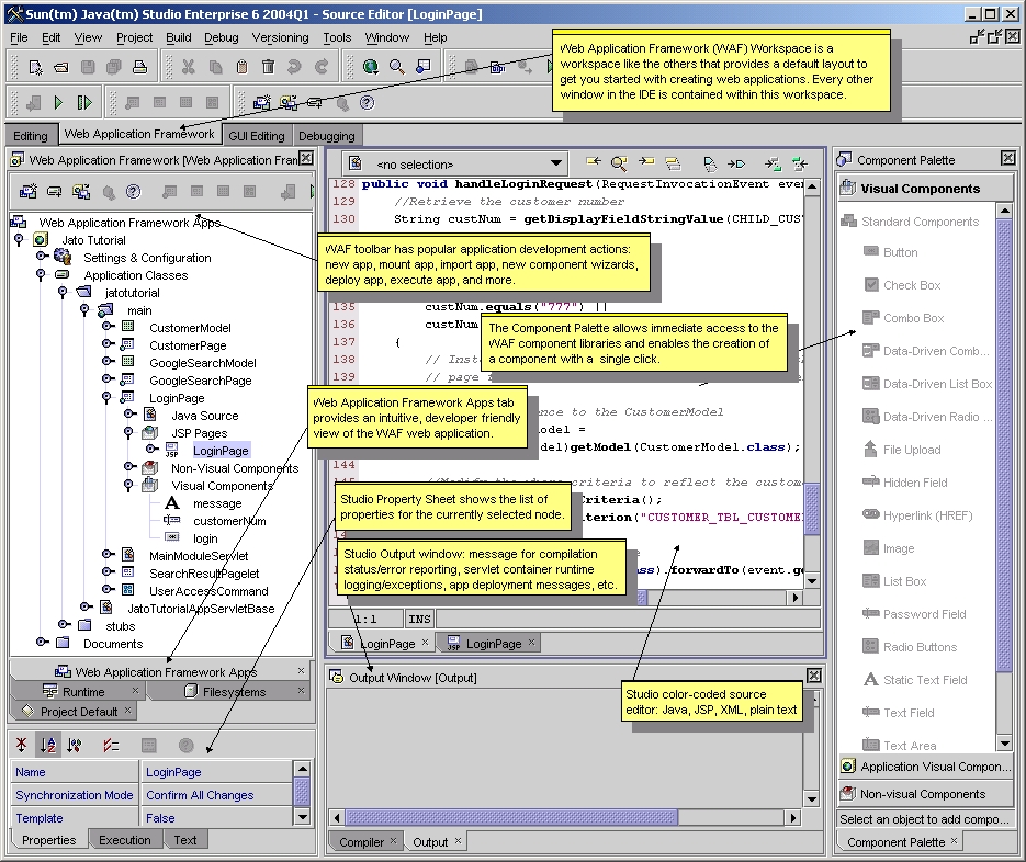 This figure shows a complete view of the Sun Java Studio Enterprise 6 IDE. The Web Application Framework Workspace appears, along with the Component Palette. 