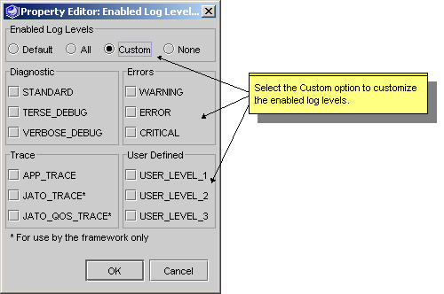This figure shows the Enabled Log Level Property Editor.