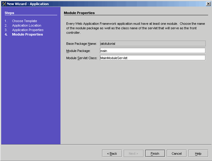 This figure shows the Module Properties panel of the New Application Wizard. 