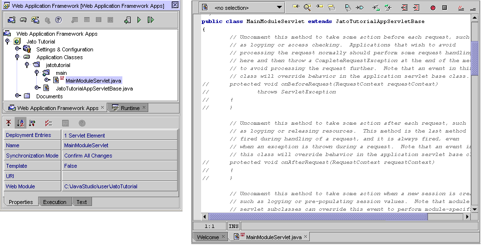 The left side of this figure shows the application layout along with the property sheet for the MainModuleServlet.java node. The right side of this figure shows the code in the two servlet classes that were created.