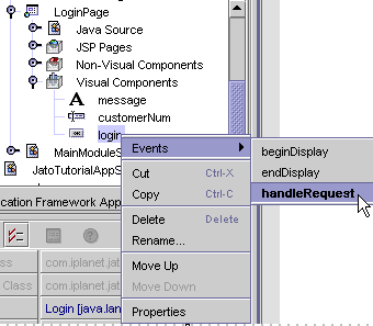 This figure shows the Events -> handleRequest options on the login node's contextual menu.