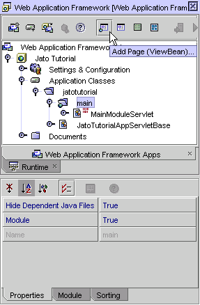 This figure shows the Web Application Framework Explorer, with the main module folder selected and its property sheet displayed. The Add Page (ViewBean) button of the toolbar has been clicked.