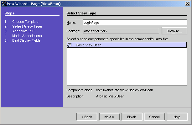 This figure shows the View Location panel of the New Page (ViewBean) Wizard.