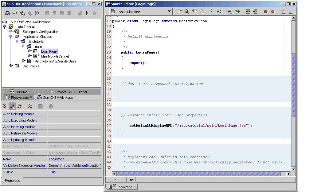 The left side of the figure shows the application layout. The right side of the figure shows the code in the two servlet classes that were created.