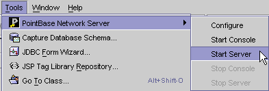 This figure shows the Tools -> PointBase Network Server -> Start Server menu options.
