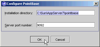 This figure shows the Configure PointBase dialog box prompting you for a file storage location, and displaying the server port number.