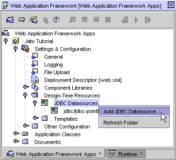 This figure shows the Web Application Framework Web application node (Jato Tutorial) and options corresponding to its subnode Settings & Configuration -> Design-Time Resources -> JDBC Datasources. The Add JDBC Datasource option is being chosen. 