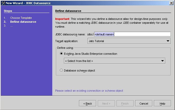 This figure shows the Define Datasource panel of the New JDBC Datasource Wizard. 