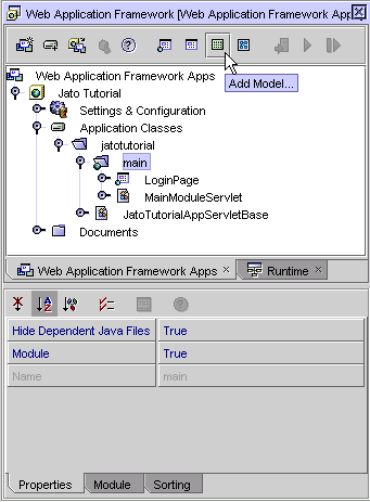 This figure shows the Add Model button on the Web Application Framework toolbar.