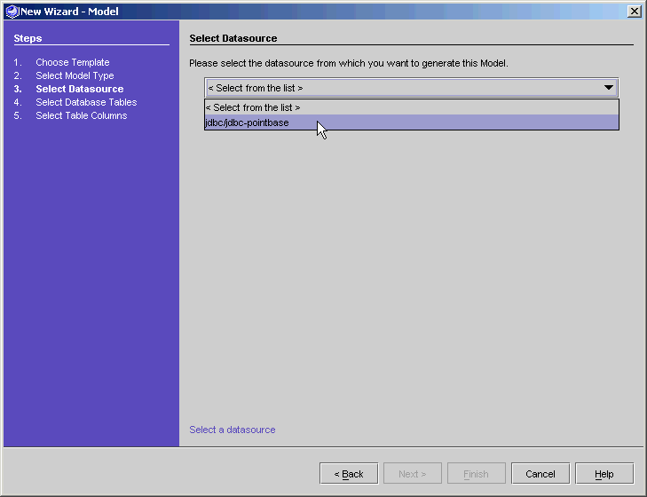 This figure shows the Select Datasource panel of the New Model Wizard. 
