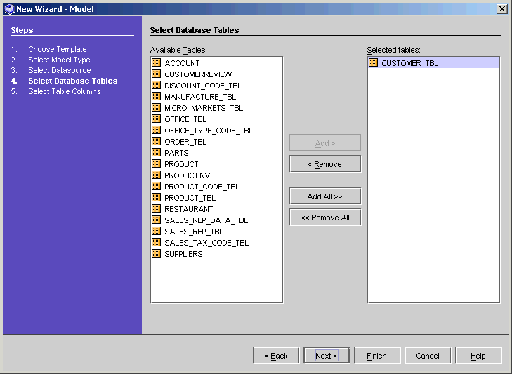 This figure shows the Select Database Tables panel of the New Model Wizard. 